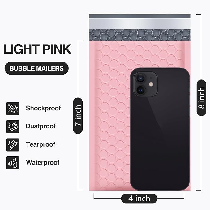 UCGOU Bubble Mailers 4x8" Light Pink 50 Pack Usable Size 4x7" Shipping Bags | Opaque Self Seal Adhesive Waterproof Boutique Padded Envelopes for Jewelry Makeup Small Bubble Mailers for Trading Cards #000