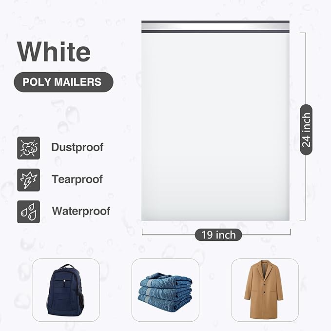 UCGOU Large Poly Mailers 19x24 Inch White 50 Pack Extra Large Shipping Bags Strong Thick Mailing Envelopes Self Seal Adhesive Waterproof and Tear Proof Boutique Postal for Clothing Quilt and More
