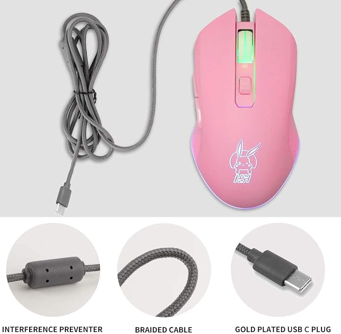 IULONEE USB Type C Wired Mouse 2400 DPI Gaming Mice for Office Home Pink | Wired Mouse Ergonomic 7 Backlight 6 Buttons Silent Compatible with Windows PC, Laptop, Computer and More USB Type C Devices