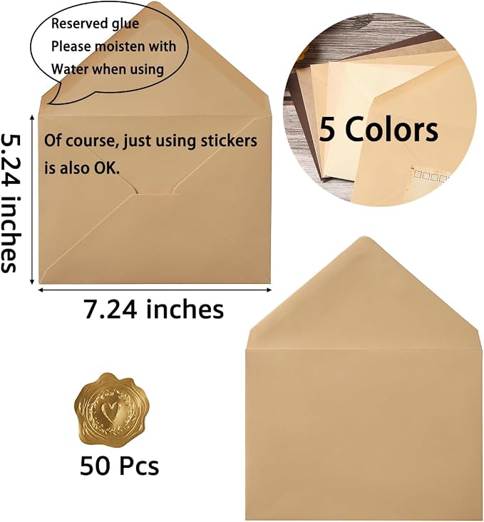 50 Pack Colored A7 Invitation Envelopes 5x7 Brown, 5 1/4 x 7 1/4 in | 5 Colors Envelopes with Gold Stickers For Cards and Invitations