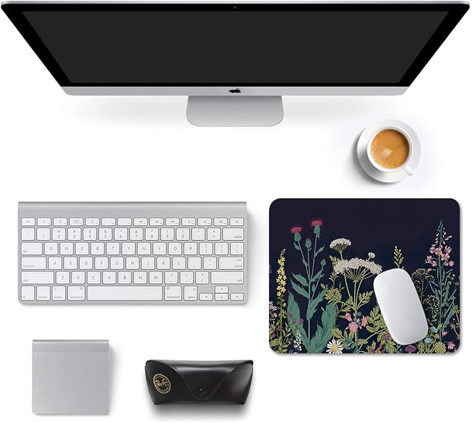 Auhoahsil Mouse Pad, 12 x 10 in Flower Theme Computer Mouse Pad for Desk, Premium-Textured Non-Slip Rubber Stitched Edges Waterproof Square Mouse Mat for Gaming Work Wireless Mice, Black