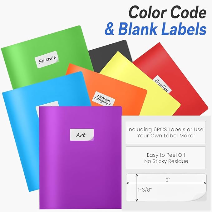 Sooez 7 Pack Folders with Pockets, 2 Pocket Folders with Extra Labels | Plastic Folder with Pockets, Heavy Duty File Folder Bulk, School Business Office Filing Supplies, Warm Colors