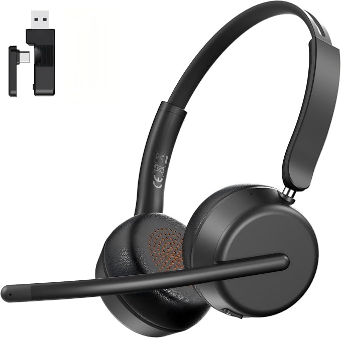 AOC Wireless Headset with Mic for Work, Bluetooth 5.4 Headphones-Dark Black | AI Noise-Canceling Mic for Clear Calls, Computer Headset with Mic Mute & USB A/C Dongle for PC, Computer, Laptop