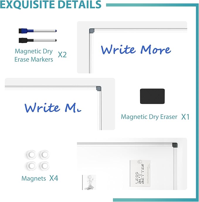 36"x24" White Board for Wall, Aluminum Frame Dry Erase Board, Hanging Magnetic Whiteboard with 1 Eraser & 2 Markers & 4 Magnets for Home, School, Office, Dorm Room, Classroom