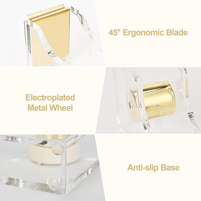 Clear Desktop Tape Dispenser, Modern Acrylic Tape Dispenser Kit, 1 Inch Core Desktop Adhensive Tape Cutter Holder for Office Desk, Home, School-Gold