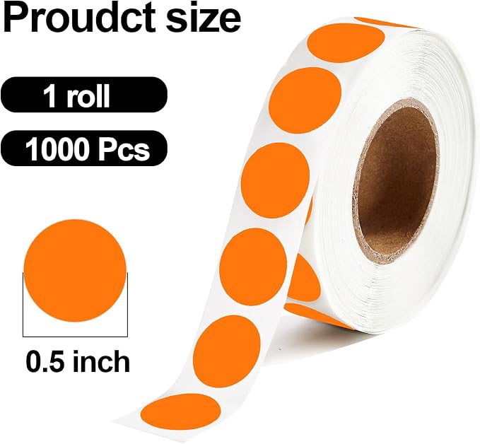 1000 Pcs Orange Round Stickers 1/2 Inch Color Circle Dot Stickers Small Code Labels for Office Shop Yard Sale Home Classroom Marking (Orange)