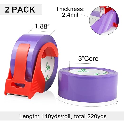 BOMEI PACK Purple Packing Tape with Dispenser, 2.4 Mil 1.88 Inch x 110 Yards, 2 Refills Rolls Color Box Tape for Moving, Shipping and Packaging