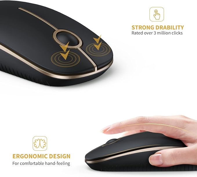 VssoPlor Wireless Mouse, 2.4G Slim Computer Laptop Mouse, Black and Gold | Portable Mouse, Plug & Play USB Nano Receiver, Quiet Silent Optical Mice for Notebook, PC, Laptop, Computer, Windows, Mac