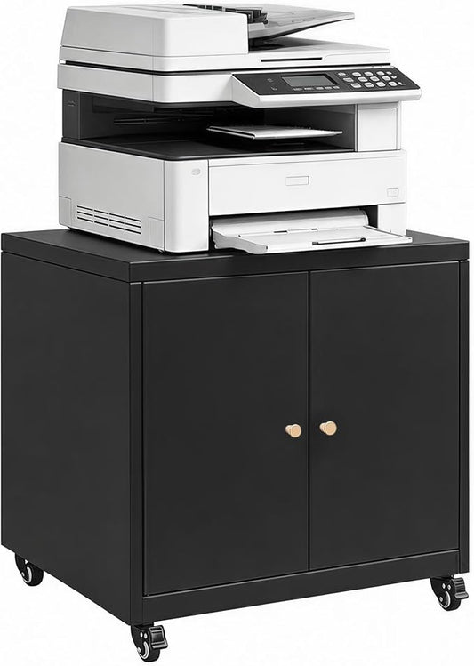 23.6" H Metal Printer Cabinet with Storage & Adjustable Shelf | Large Rolling Printer Stand, Heavy Duty Steel Printer Cart for Home Office, Workspace Organization & Office Supplies, Black