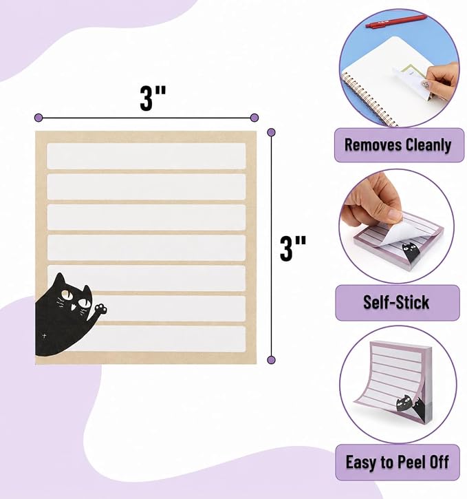 Mr. Pen- Black Cat Sticky Notes Set, 3" x 3", 6 Pads, 480 Sheets | Black Cat Sticky Notes, Memo Pads, Self-Stick Note Pad for Office, School, Home, Study & Organization