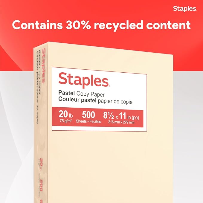 Staples Pastel Recycled Copy Paper, Cream, 20 lb., 8.5" x 11", 500 Sheets – 30% Recycled Multipurpose Paper for Printing & Documents