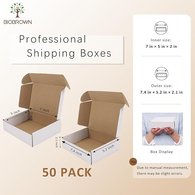 BIOBROWN 7x5x2" 50 Pack Corrugated Cardboard Boxes Small Shipping Box for Packaging Small Business Mailer Mailing White