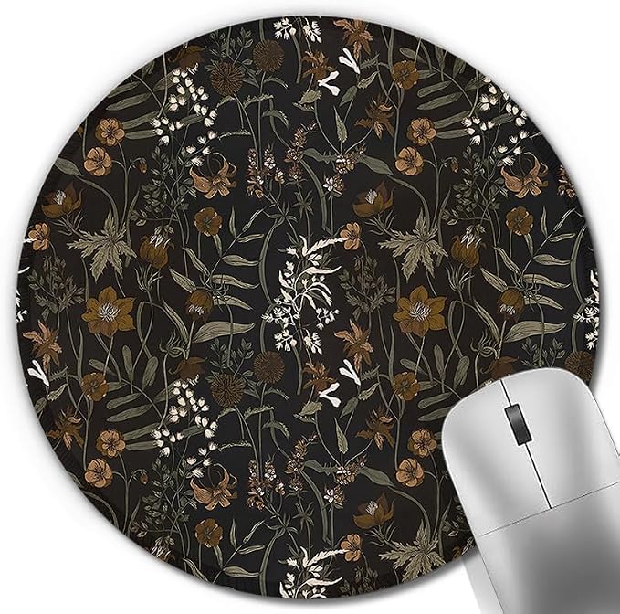Vintage Moody Plant Round Mouse Pad, Maximalist Dark Academia Wildflower Floral Botanical Mousepad Mat for Home Office Computer Laptop Desk Accessories 7.9x7.9 in