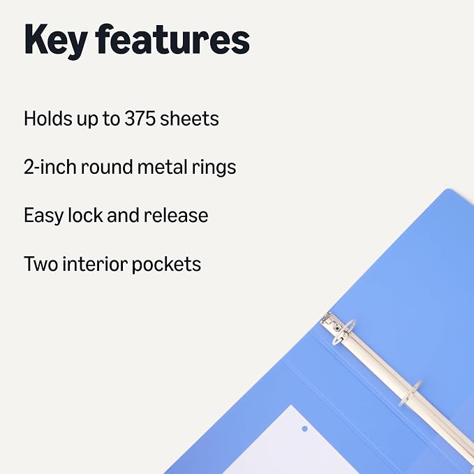 Amazon Basics 3 Ring Binder, 2 inch Round Rings, Holds 375 Sheets, Two Interior Pockets, Assorted Colors, 4-Pack