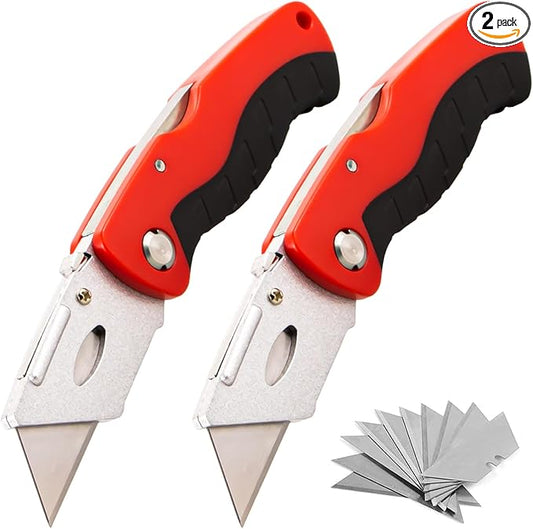 (2-Pack) Box Cutter with 10 Extra Blades, Heavy Duty Folding Utility Knife for Cardboard, Carton, Carpet Cutting, Anti-slip Rubber & ABS Handle, Quick Replace Blade