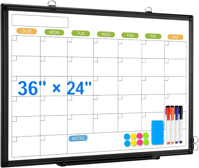 White Board Calendar 36 x 24 Monthly Whiteboard Dry Erase Calendar | Double-Sided Magnetic Calendar, Wall Planning Board with Marker Kits for Home, School, Office