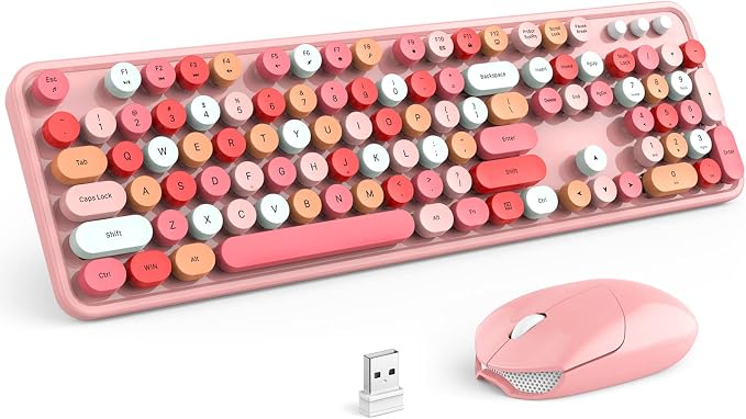 KNOWSQT Wireless Keyboard and Mouse Combo, Pink 104 Keys Full-Sized 2.4 GHz Round Keycap Colorful Keyboards, USB Receiver Plug and Play, for Windows, Mac, PC, Laptop, Desktop