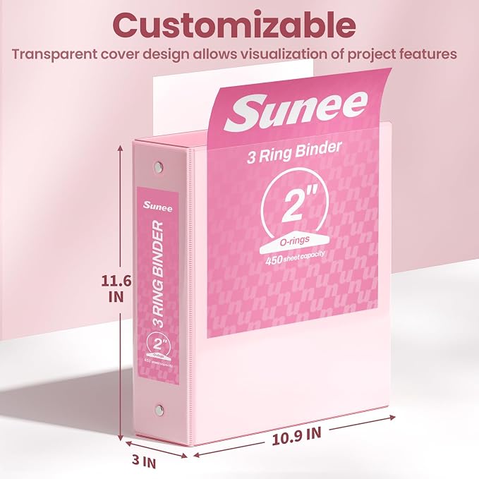 SUNEE 3 Ring Binders 2 Inch 4 Pack, Clear View Binder Three Ring PVC-Free (Fit 8.5x11 Inches) for School or Office Supplies, Pink