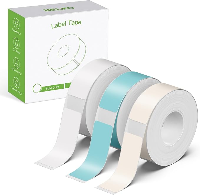NELKO Genuine P21 Label Maker Tape,14x40mm, 3-Roll, Grey/Brown/Green | Easy to Peel, BPA-Free, Strong Adhesion, Water-Resistant & Oil-Proof, Great for School, Office, Home, Kitchen, Black on White