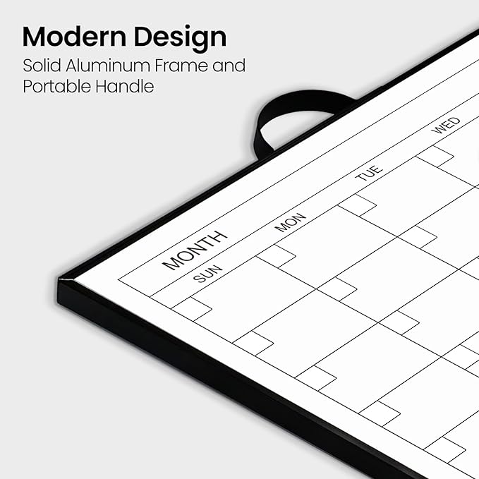 White Board Calendar - 16" X 12" Dry Erase Board Monthly Calendar, Double Sided Whiteboard with a Handle, Black Aluminum Frame Calendar for Home, School, Office