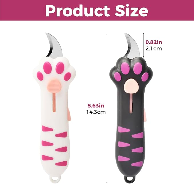2 PCS Cat Paw Box Cutter, Retractable Cat Claw Knife with Safety Lock, Cat Paper Cutter with Ergonomic Claw Handle, Stainless Steel Blade for Opening Packages, Cartons & Tape