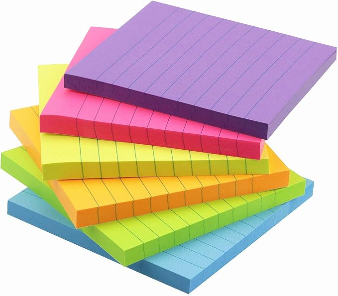 Early Buy Lined Sticky Notes 4x4 in, 6 Bright Colors, 6 Pads, 60 Sheets/Pad | self-stick repositionable design, great for lists, memos, and daily organization