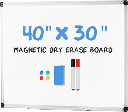 OLIXIS 30" x 40" Magnetic White Board, Dry Erase Board for Wall, Whiteboard with 1 Dry Eraser & 2 Multicolor Markers & 4 Magnetic Pins, Aluminium Frame for School, Office, White