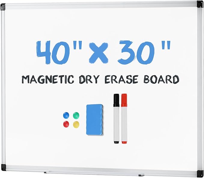 OLIXIS 30" x 40" Magnetic White Board, Dry Erase Board for Wall, Whiteboard with 1 Dry Eraser & 2 Multicolor Markers & 4 Magnetic Pins, Aluminium Frame for School, Office, White