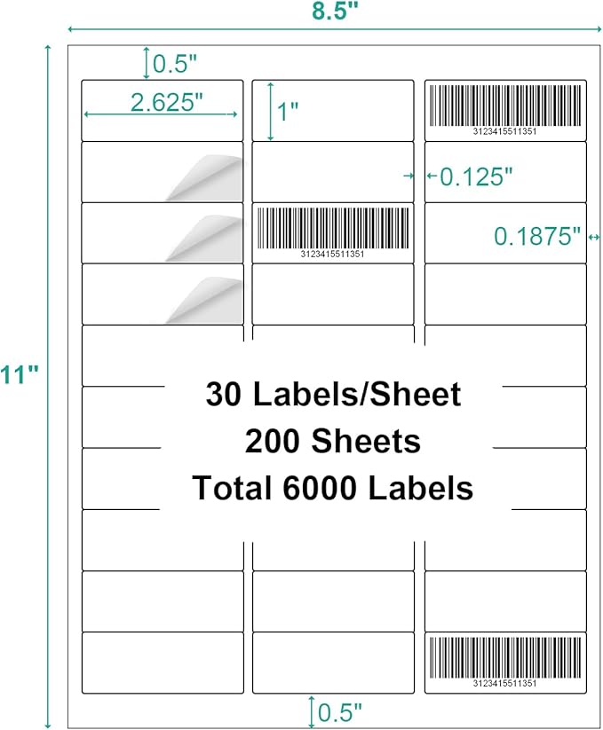 200 Sheets 6000 Labels Address Labels Sticker for Laser & Inkjet Printer, 1" x 2-5/8" White Blank Printable Shipping Address Labels, Strong Adhesive