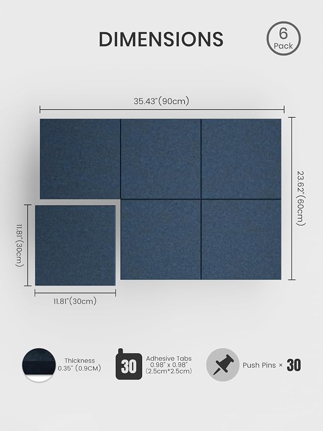 Bumusty 36" x 24" Large Cork Board Alternative, Navy Blue | 6-Pack Felt Bulletin Board Tiles, 60 Adhesive Tabs, 30 Pushpins, Home, Office, Classroom, Vision Board