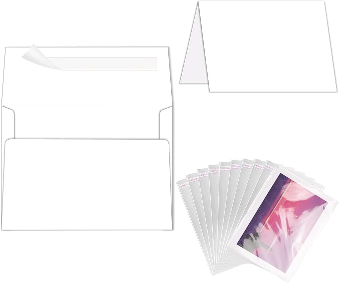100 Pack Goefun Blank White Cards and Envelopes 5x7 with Clear Cello Bags | Goefun 5 x 7 Folded Cardstock and A7 Envelopes Self Seal for Invitations, Wedding, Birthday and DIY Greeting Cards