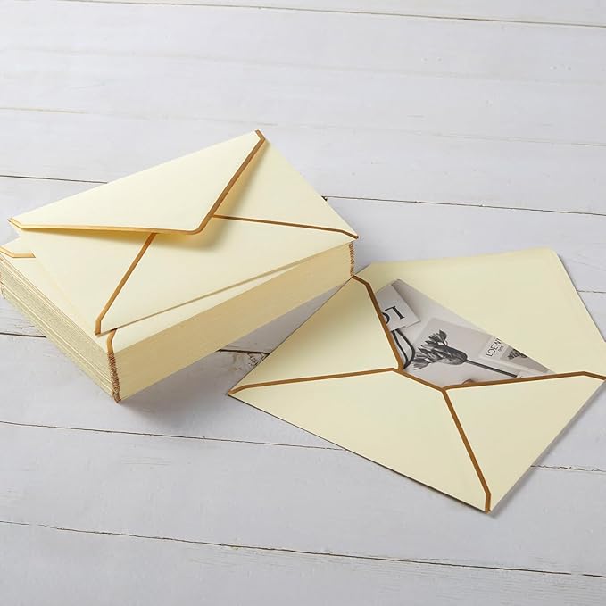50 Pack A6 Envelopes Cream Color 4x6 with Gold Border, 4.75x6.5 | Self-Adhesive, V Flap, For Wedding, Graduation, Baby Shower, Parties, Invitations