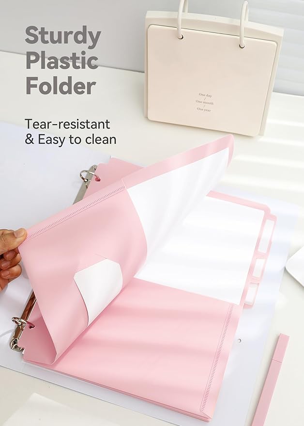 Plastic Folders with Pockets 3 Hole Punched, 6 Pack Pink Pocket Folders for 3 Ring Binder, Unique 1/3 Cut Tabs with Colorful Labels, School Folders, Letter Size