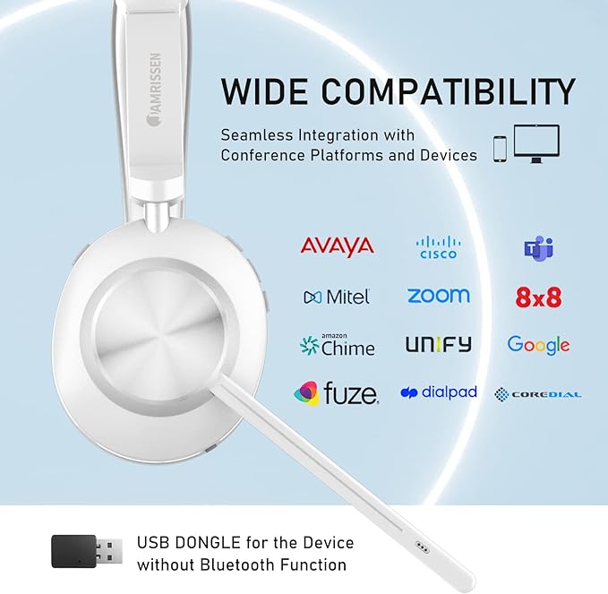 Wireless Headset with Mic for Work, Bluetooth Headset with Microphone, AI Noise Canceling Mic & Mute, Wireless Headphones with USB Dongle & Charging Dock for PC/Cell Phones/Call Center/Teams