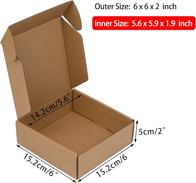 6x6x2 Inches Shipping Boxes Pack of 25, Brown Corrugated Cardboard Boxes for Small Bussiness, Packing and Mailing