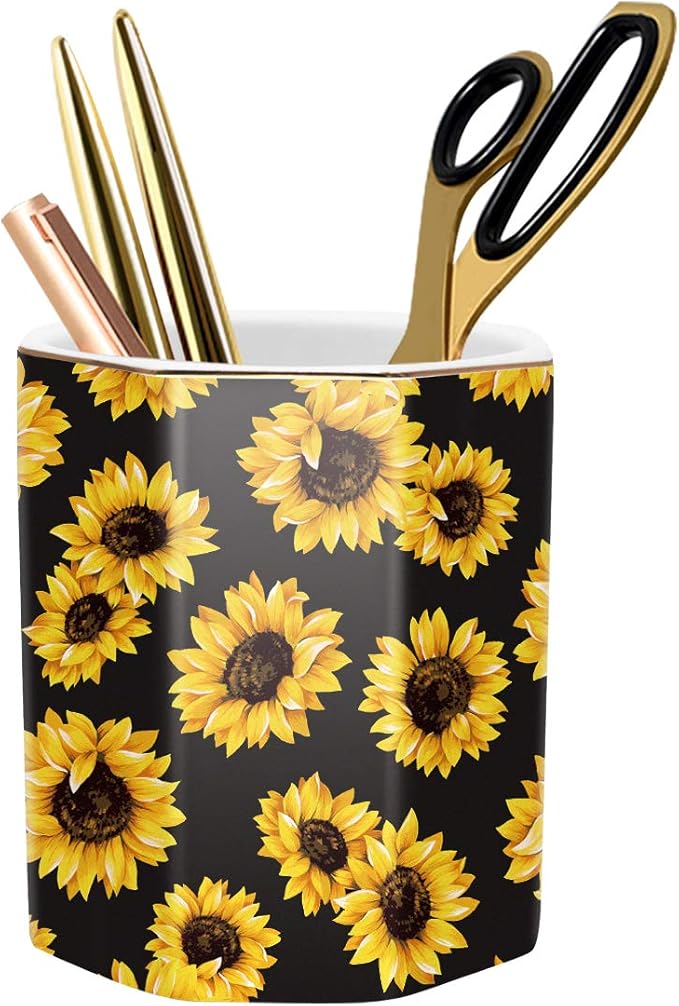 Pen Holder, Pencil Holder for Desk Floral Pattern Pencil Cup for Girls Kids Durable Ceramic Desk Organizer Makeup Brush Holder for Office, Classroom, Home, Sunflower