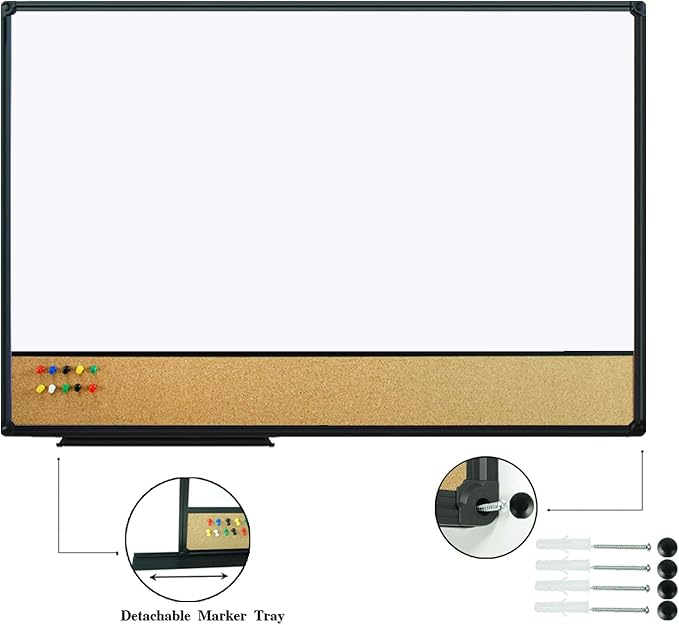 JILoffice White Board & Bulletin Corkboard Combination, Combo Board 36 x 24 Magnetic Whiteboard, Black Aluminum Frame Wall Mounted Board for Office Home and School with 10 Push Pins