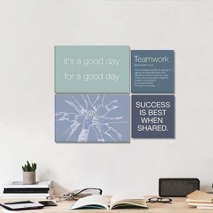 YEOION Inspirational Office Wall Art for Women,Motivational Teamwork Wall Decor for Office,Light Bule and Green Postive Quote Workplace Canvas Wall Art for Set of 6