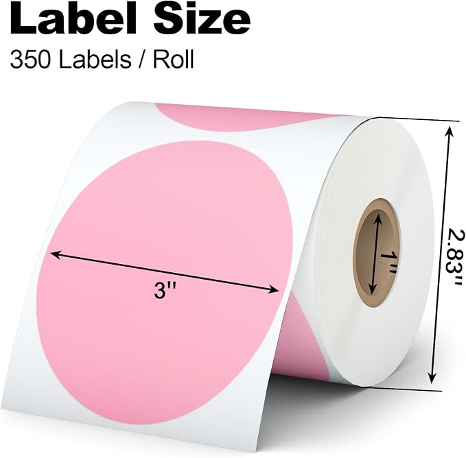 Misofuki 350 Pcs 3 inch Pink Round Thermal Sticker Labels Roll Used with Zebra, Rollo, MUNBYN, Self-Adhesive Circle Multipurpose Direct Thermal Labels for DIY Logo Design, QR Code, Inventory Stickers
