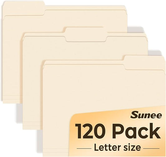 SUNEE File Folders, 120 Pack Manilla Folders 8.5 x 11, 1/3 Cut Tab for Easy Labeling and Organization, Durable Standard Paper for Home, Office, School Filing