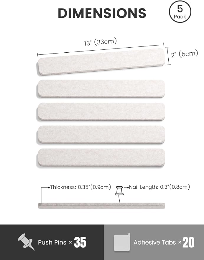 Fluxynara 13" x 2" Felt Wall Panels, Oatmeal | 5-Pack Includes 35 Push Pins and Adhesive Tabs for Photos, Notes and Decor in Bedroom Doors, Home Office or Studios