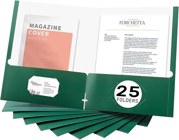 Zzrywuty File Folders with Pockets Letter Size,25-Pack Paper Folders with Card Slot,Green Two Pocket Folders for School Students,Businessmen,Home and Office Workers