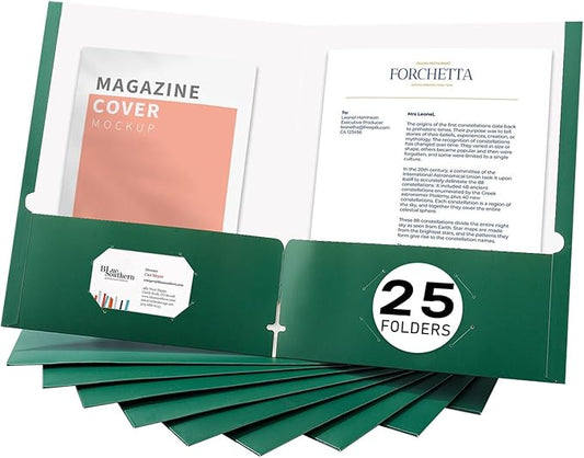 Zzrywuty File Folders with Pockets Letter Size,25-Pack Paper Folders with Card Slot,Green Two Pocket Folders for School Students,Businessmen,Home and Office Workers