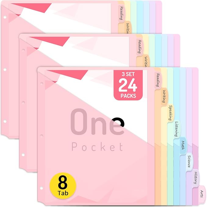 Forvencer 24 Count Dividers for 3 Ring Binder, 8 tabs Binder Divider | Dividers with Pockets, Binder Dividers with Tabs for School Office and Home Organization, Multicolor, 3 Sets