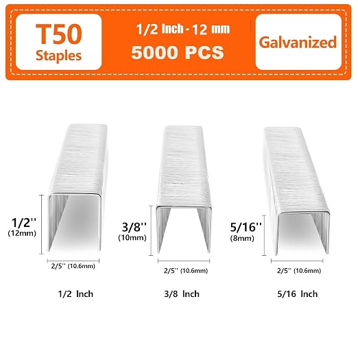 Heavy Duty T50 Staples 1/2" Length 3/8" Crown 5000-Count Galvanized | 20 Gauge T-50 Staples fit Pneumatic, Electric & Manual T50 Stapler Guns for Upholstery Wood and DIY Crafts