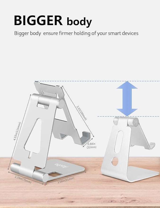 Aoviho Foldable Cell Phone Stand for Desk, Holder for iPhone,Silver | Folds Flat for Easy Storage, Hands-Free Viewing, Fits iPhone 17/16/15 Series & Samsung Galaxy, Ideal for Office & Home