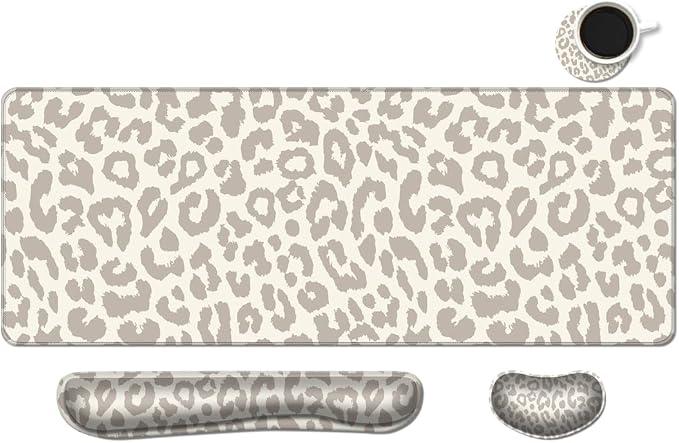 MIBITRI Keyboard Mouse Pad Set, Extended Gaming Mouse Pad+Ergonomics Keyboard Wrist Rest Support, Memory Foam, Easy Typing Pain Relief, 4Pcs XXL Ultra Thick Desk Mat, Leopard Print