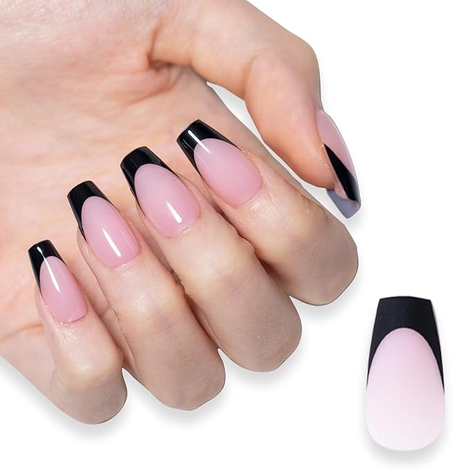 SXC Cosmetics French Tip Press On Nails 150 Pieces in 15 Sizes Ultra Fit with Pre-applied Tip Primer and Base Coat, No Need to File Fake Nails for Nail Art DIY X-Pro Tips (BLACK119-S Coffin)
