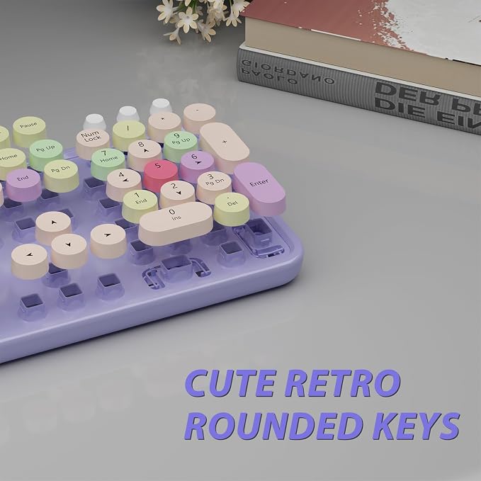 Wireless Computer Keyboard and Mouse Combo,Colorful Purple | Ergonomic Full Size Typewriter Retro Round Keycaps Keyboard, Compatible with Windows, PC, Perfer for Home and Office