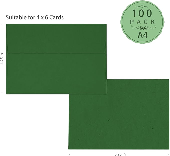 4.25 x 6.25 Dark Green Envelopes A4 100 Pack Self Seal, Goefun 120 GSM Printable 4x6 Envelopes for Invitations, Photos, Wedding, Graduation, Baby Shower, and Various Holidays